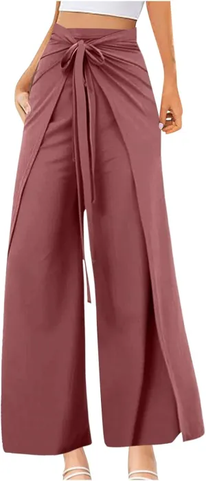 Wide Leg Pants for Women High Waist Tie Knot Front Split Flowy Palazzo Pant Dressy Casual Loose Comfy Lounge Trousers