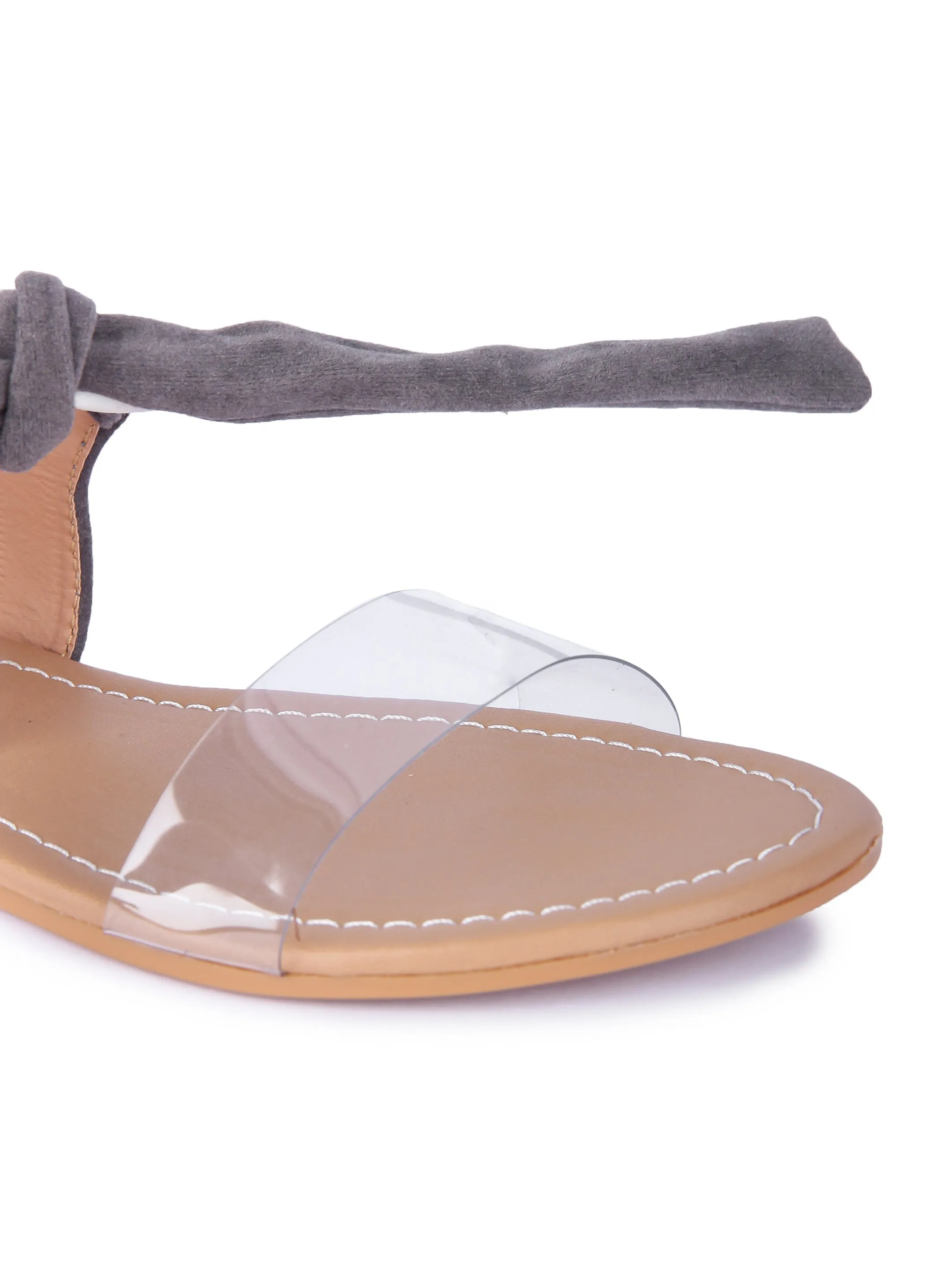 Women Grey Suede Transparent Tie Up Fashion Sandal