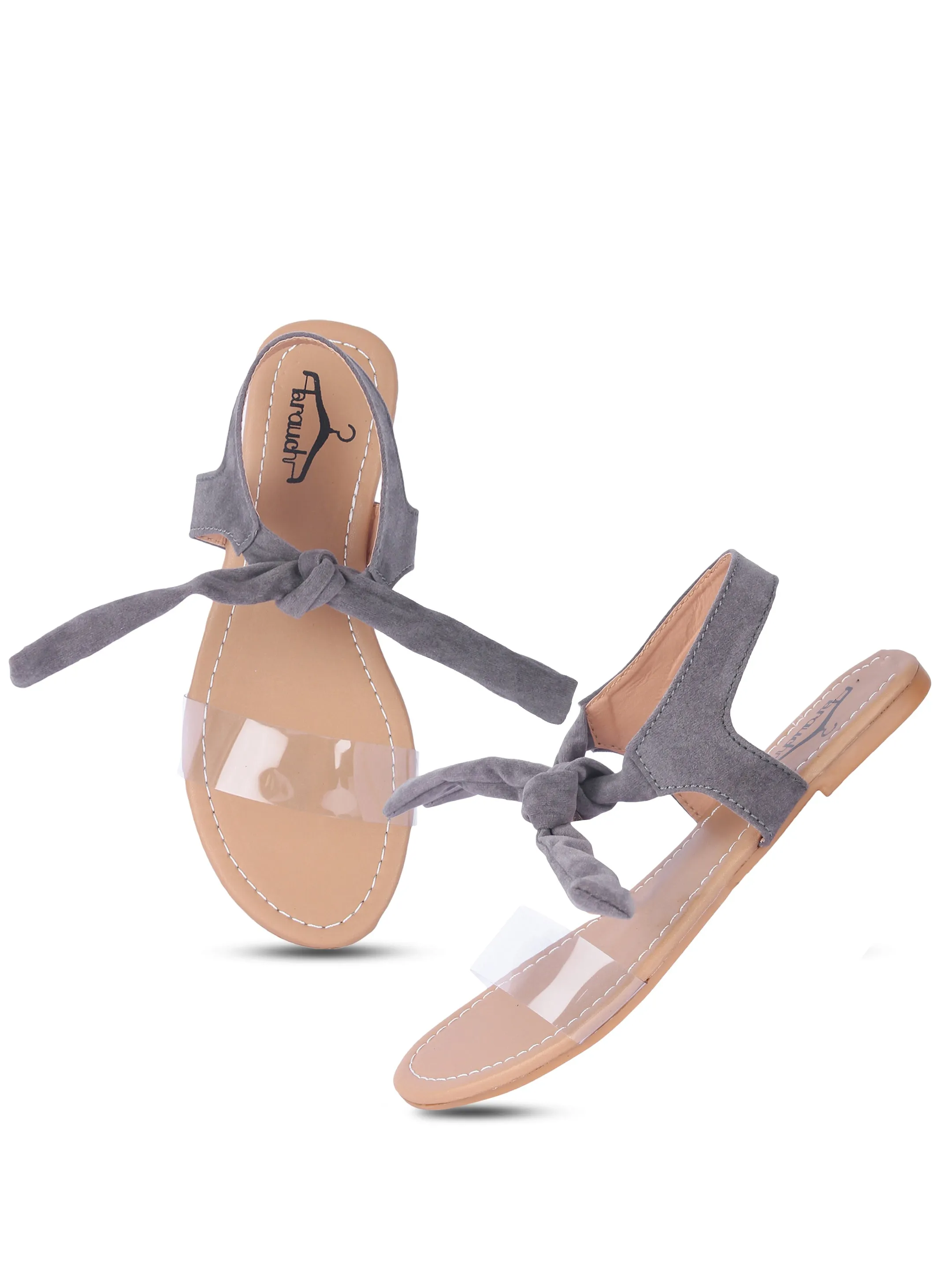 Women Grey Suede Transparent Tie Up Fashion Sandal