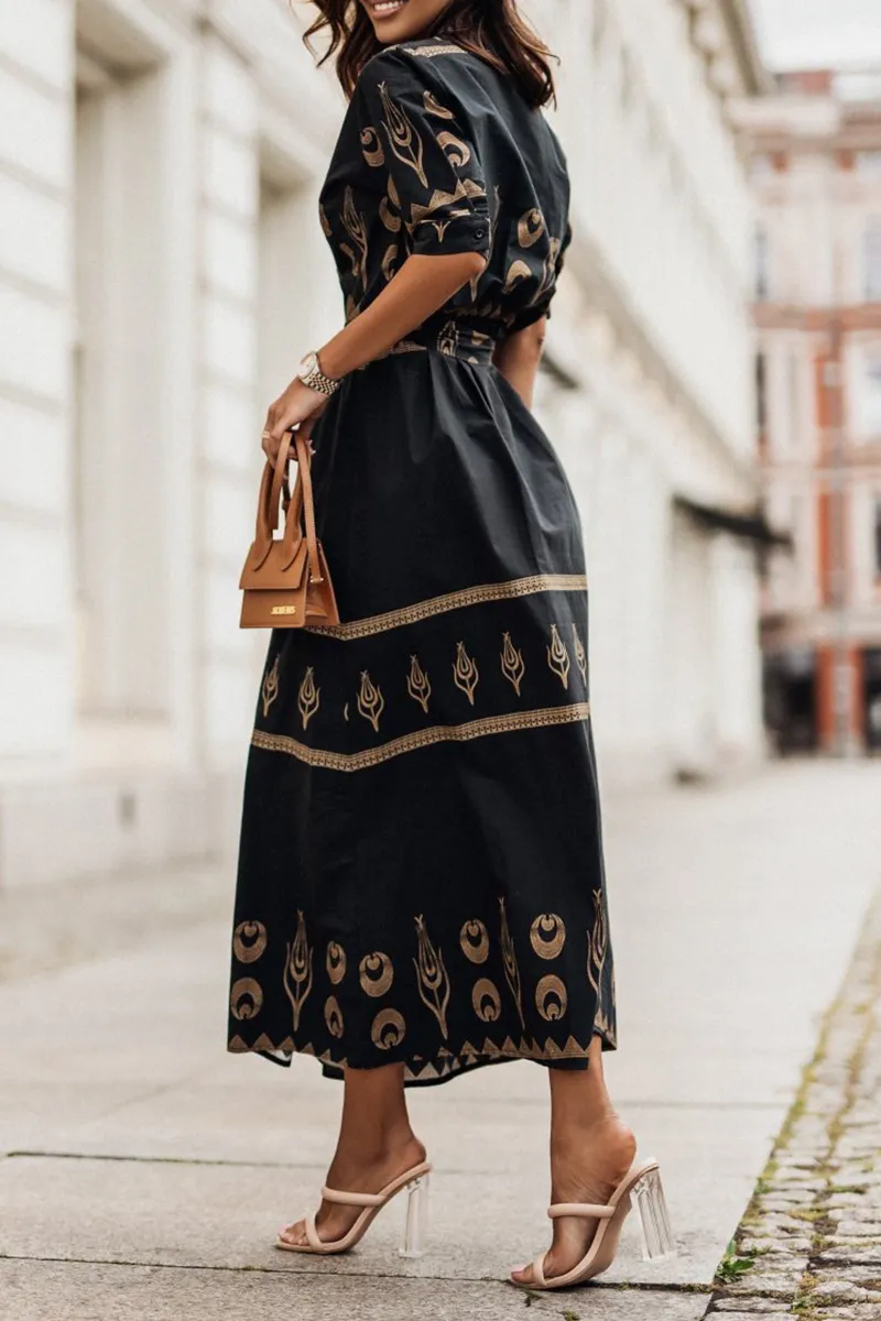 Women's Midi Dress - High Collar - Waist Belt - Long Sleeve Elegant Flowing Fit
