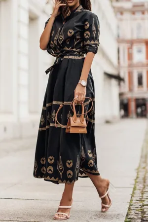 Women's Midi Dress - High Collar - Waist Belt - Long Sleeve Elegant Flowing Fit