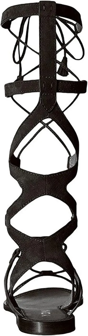 YDN Women Sexy Knee High Lace up Flats Fringe Low Heel Gladiator Strap Sandals Shoe