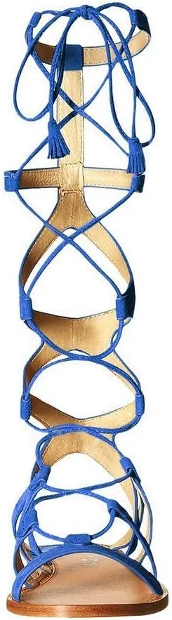 YDN Women Sexy Knee High Lace up Flats Fringe Low Heel Gladiator Strap Sandals Shoe