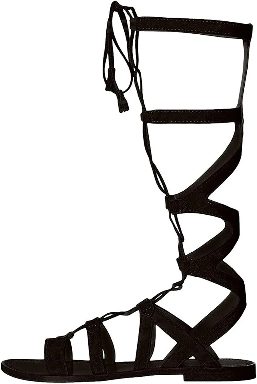 YDN Women Sexy Knee High Lace up Flats Fringe Low Heel Gladiator Strap Sandals Shoe