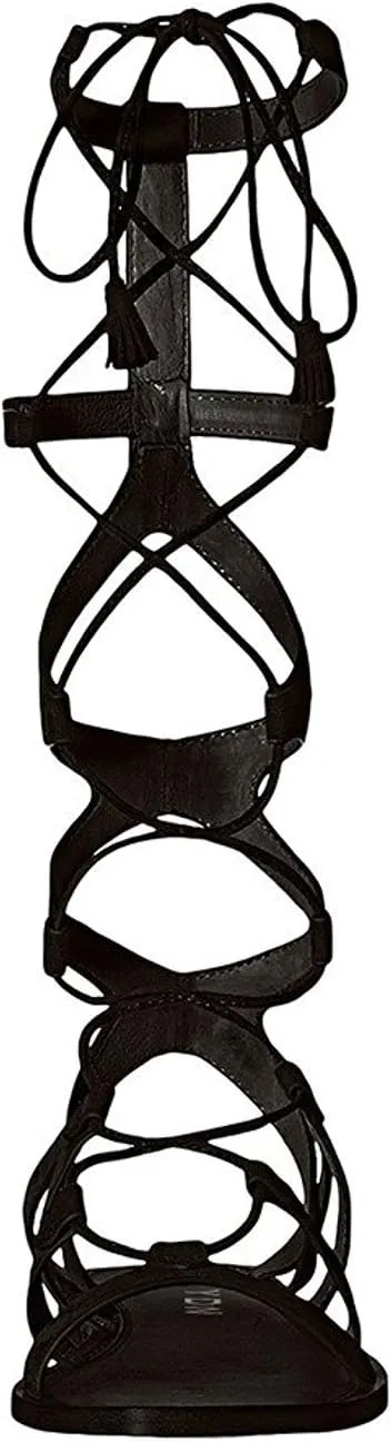 YDN Women Sexy Knee High Lace up Flats Fringe Low Heel Gladiator Strap Sandals Shoe