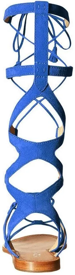 YDN Women Sexy Knee High Lace up Flats Fringe Low Heel Gladiator Strap Sandals Shoe