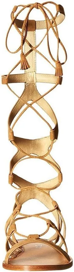 YDN Women Sexy Knee High Lace up Flats Fringe Low Heel Gladiator Strap Sandals Shoe