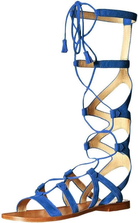 YDN Women Sexy Knee High Lace up Flats Fringe Low Heel Gladiator Strap Sandals Shoe