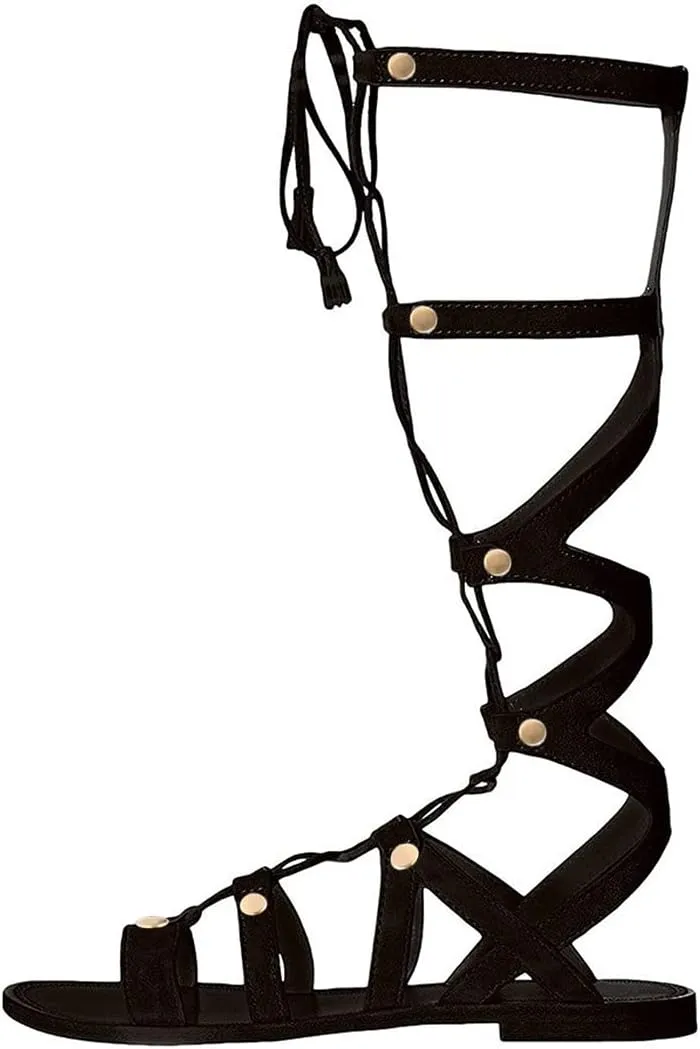 YDN Women Sexy Knee High Lace up Flats Fringe Low Heel Gladiator Strap Sandals Shoe