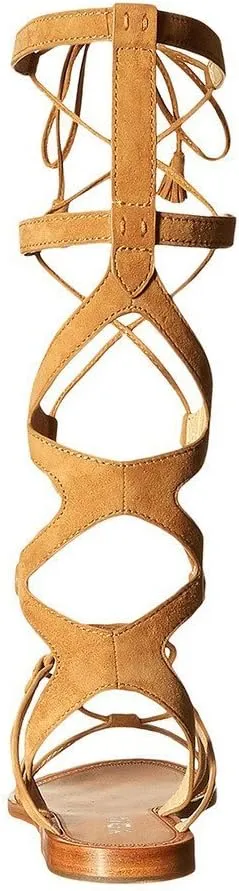 YDN Women Sexy Knee High Lace up Flats Fringe Low Heel Gladiator Strap Sandals Shoe