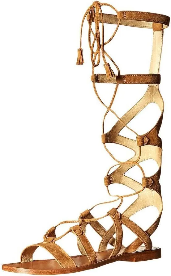 YDN Women Sexy Knee High Lace up Flats Fringe Low Heel Gladiator Strap Sandals Shoe