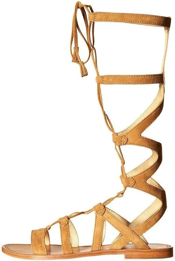 YDN Women Sexy Knee High Lace up Flats Fringe Low Heel Gladiator Strap Sandals Shoe