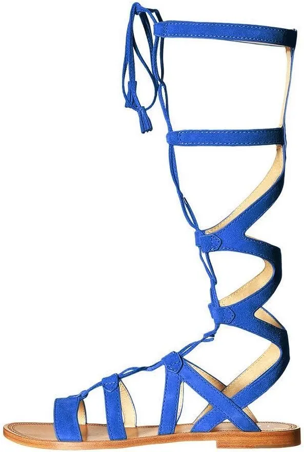 YDN Women Sexy Knee High Lace up Flats Fringe Low Heel Gladiator Strap Sandals Shoe