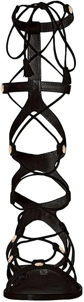 YDN Women Sexy Knee High Lace up Flats Fringe Low Heel Gladiator Strap Sandals Shoe