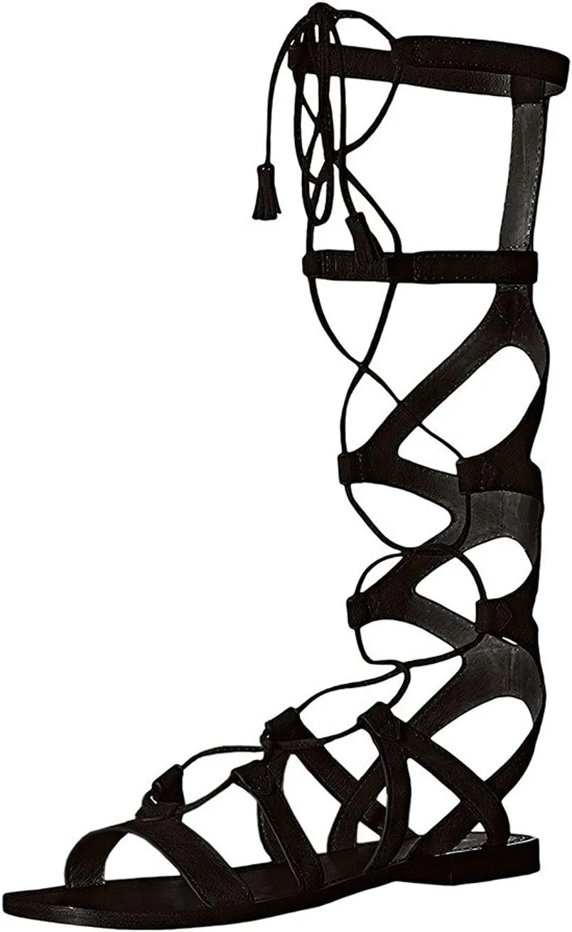 YDN Women Sexy Knee High Lace up Flats Fringe Low Heel Gladiator Strap Sandals Shoe