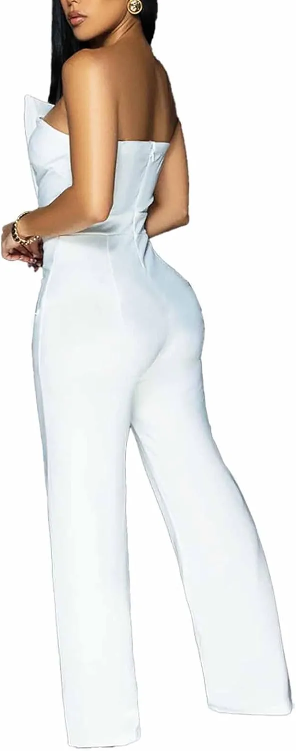 Yuopeid Women's Sexy Strapless Off Shoulder Bodycon Tube Top Overalls Jumpsuit Wide Leg Pants Formal Party Rompers