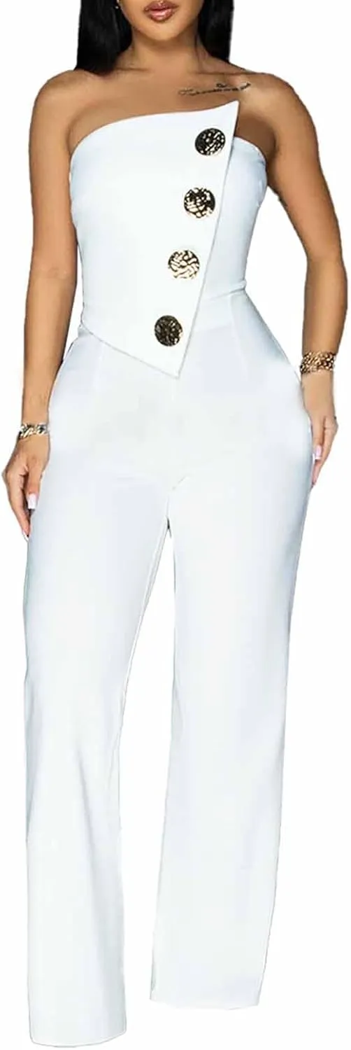 Yuopeid Women's Sexy Strapless Off Shoulder Bodycon Tube Top Overalls Jumpsuit Wide Leg Pants Formal Party Rompers